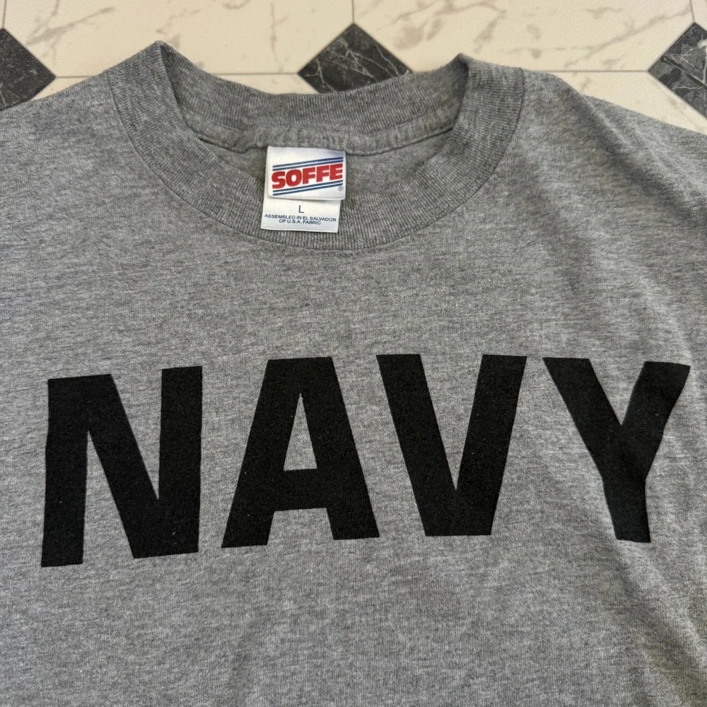 Vintage‎ Navy T-Shirt Large Gray Military Training Tee USA Made Style